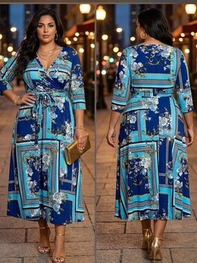Blue Floral Scarf-Print Faux Wrap Dress